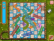 Un tablero de juego colorido de Snake And Ladders con fichas a punto de subir una escalera y evitar una serpiente, representa